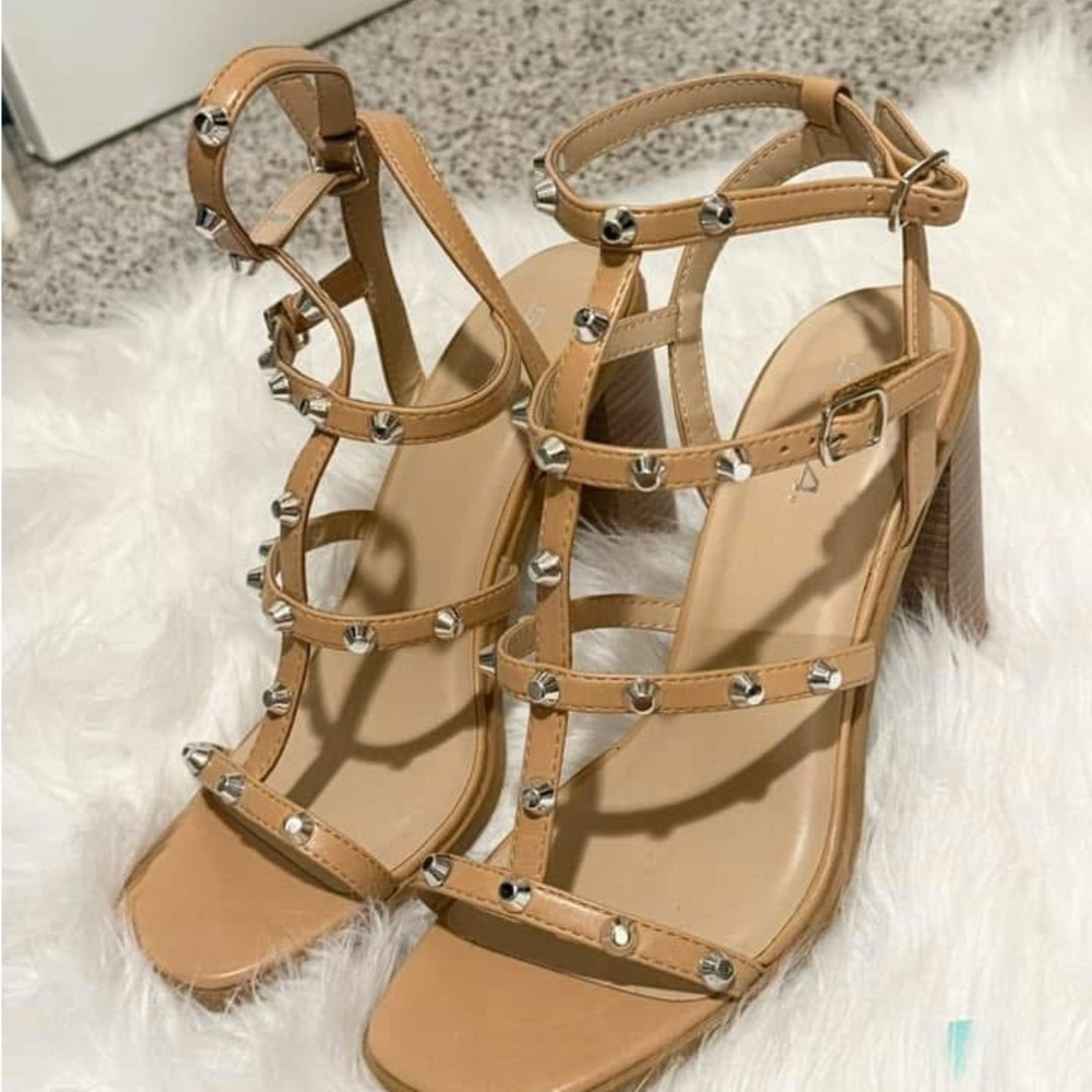 Nude studded block heel